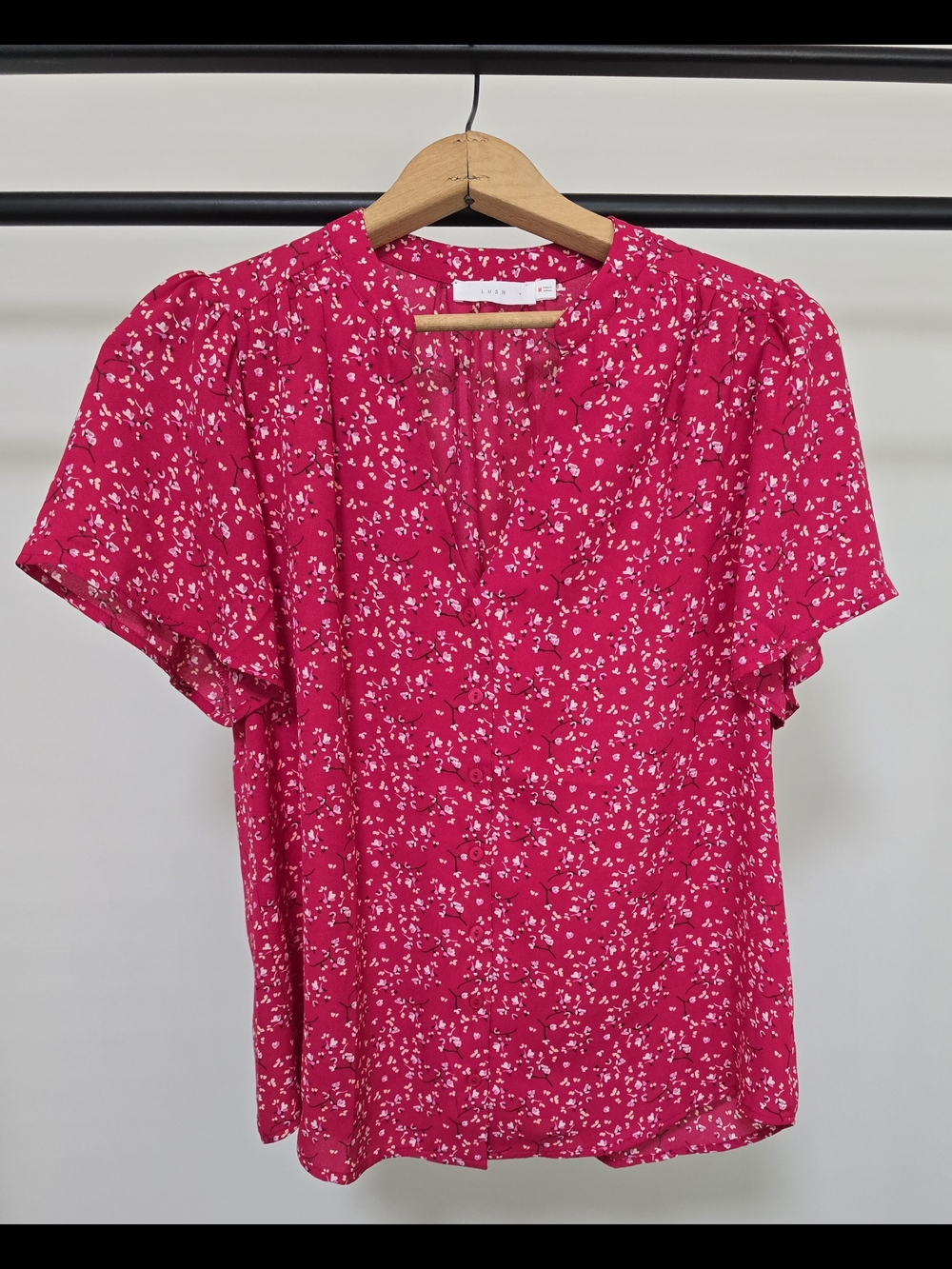 Lush Hot Pink Floral Split-Neck Blouse